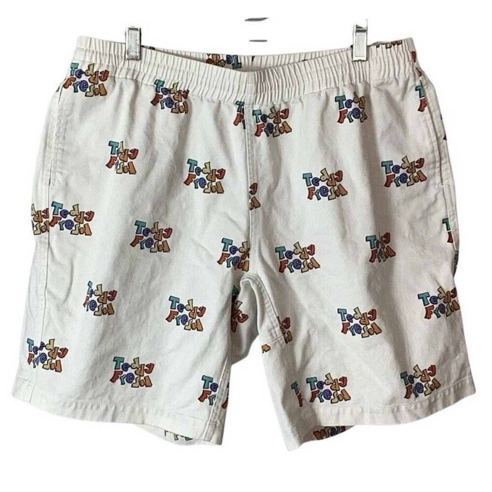 Teddy Fresh Mens Shorts White with Rainbow Logo Size Medium 80s Streetwear